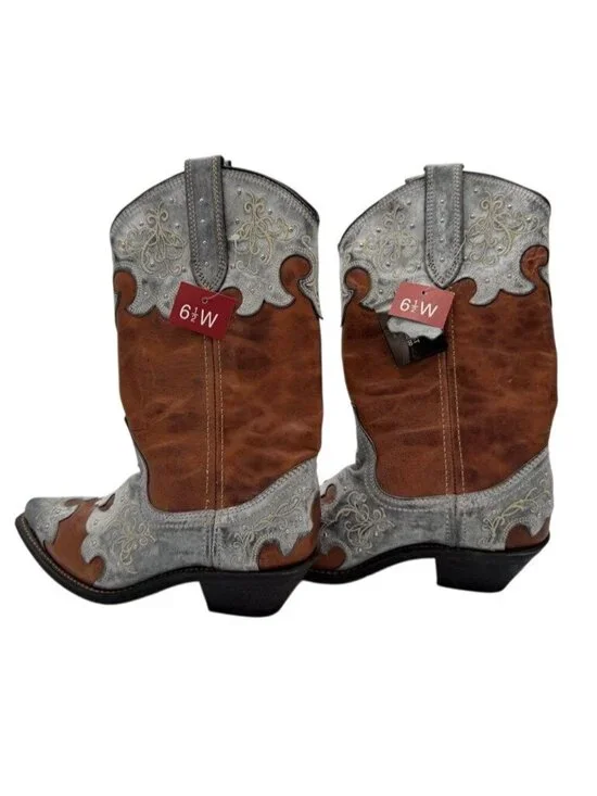 Rockin Country Cowboy Boots Cowgirl Brown Blue Leather Embroidered Women's 6.5 W - Picture 2 of 8